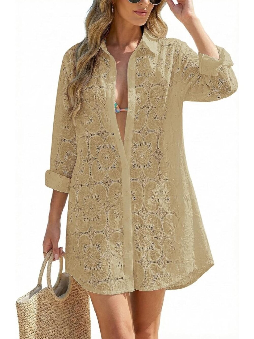 Women's Apricot Blouse Eyelet Bathing Suit Button Down Swimsuit Cover Up